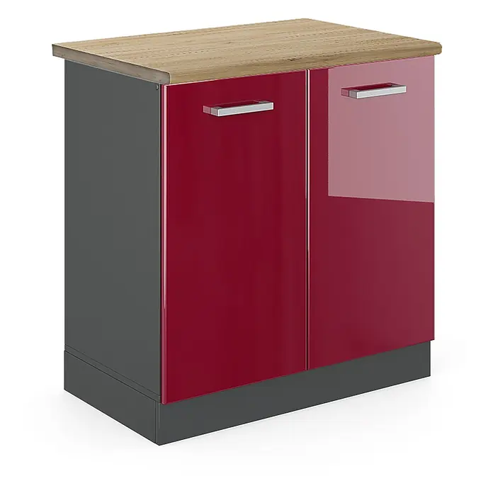 Vicco Schrankküche R-Line Rot Hochglanz, AP Eiche - Rot Hochglanz, Spülenunterschrank 80 cm - Kleiner Schrank mit heller Holzplatte, dunkelgrauem Korpus und zwei glänzenden roten Türen mit silbernen Griffen.