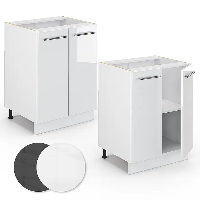 Vicco Schrankküche Fame-Line Weiß Hochglanz, AP Eiche - Weiß Hochglanz, Unterschrank 60 cm - Zwei weiße Hochglanz-Küchenunterschränke, einer geschlossen, einer offen mit Regal, und schwarze und weiße Farbmuster.