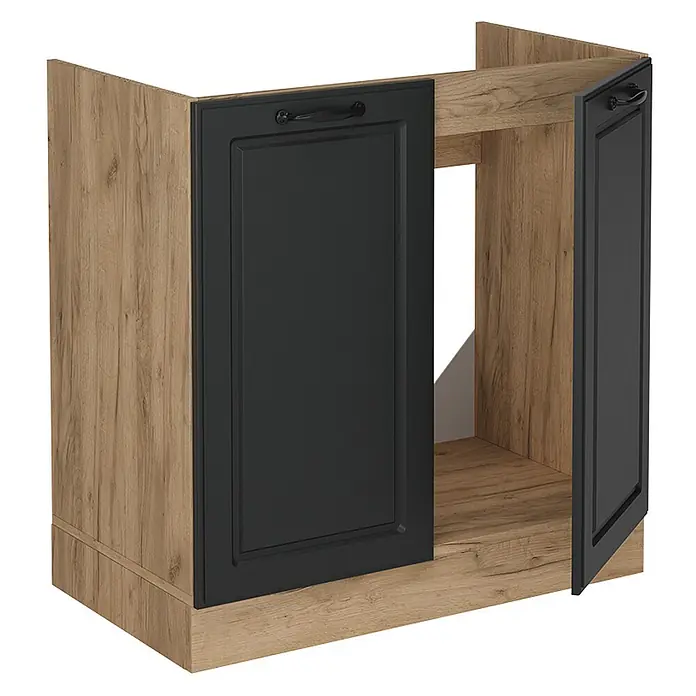 Vicco Schrankküche R-Line Anthrazit Landhaus ohne Arbeitsplatte - Breite: 80 cm, Anthrazit Landhaus, Spülenunterschrank 80 cm - Geräteunterschrank in Holzoptik mit mittiger Öffnung und zwei dunkelgrauen Kassettentüren.