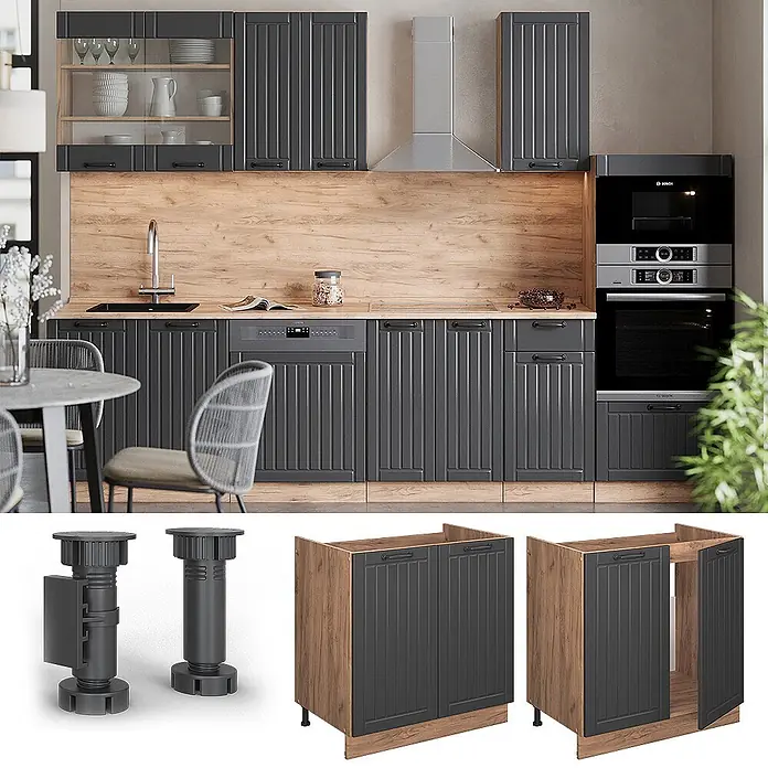 Vicco Schrankküche Fame-Line Dunkelgrau, AP Anthrazit - Dunkelgrau, Spülenunterschrank 80 cm, AP Anthrazit - Dunkelgraue geriffelte Küchenschränke mit Holzoptik-Paneelen, schwarzen Griffen und verstellbaren Füßen in einer modernen Küche.