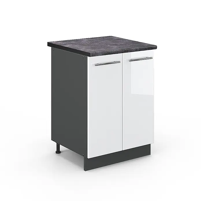 Vicco Schrankküche Fame-Line Weiß Hochglanz, AP Anthrazit - Weiß Hochglanz, Unterschrank 60 cm - Glänzender weißer zweitüriger Küchenunterschrank mit dunkelgrauen Seiten, dunkler gesprenkelter Arbeitsplatte und Chromgriffen.