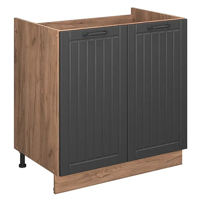 Vicco Schrankküche Fame-Line Dunkelgrau, AP Anthrazit - Dunkelgrau, Spülenunterschrank 80 cm, AP Anthrazit - Dunkelgrauer Küchenunterschrank mit zwei gerillten Türen, Holzoptik-Seiten und Sockelblende.