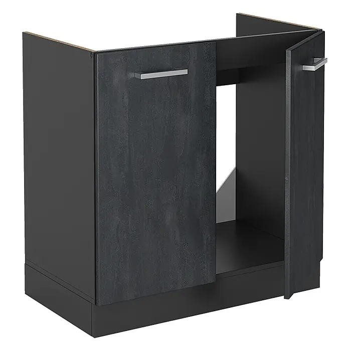 Vicco Schrankküche R-Line Schwarz Beton AP Eiche - Schwarz Beton, Spülenunterschrank 80 cm - Dunkelgrauer, strukturierter Küchenunterschrank mit zwei Türen und silbernen Griffen, für Spüle oder Gerät.