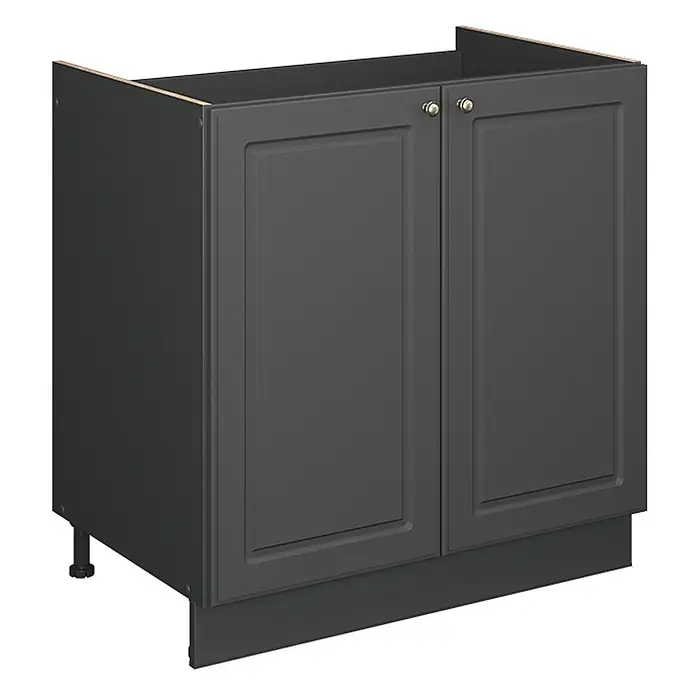 Vicco Schrankküche Fame-Line Anthrazit-Gold Landhaus, AP Marmor - Anthrazit-Gold Landhaus, Spülenunterschrank 80 cm, AP Marmor - Dunkelgrauer Küchenunterschrank mit zwei Kassettentüren, Messingknöpfen und Sockelblende.
