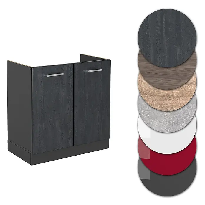 Vicco Schrankküche R-Line Schwarz Beton AP Eiche - Schwarz Beton, Spülenunterschrank 80 cm - Dunkelgrauer zweitüriger Küchenunterschrank mit Steinoptik-Türen und Materialmuster.