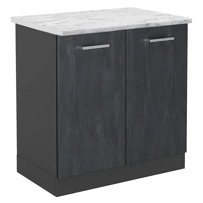 Vicco Spülenunterschrank R-Line, Schwarz Beton, 80 cm -  - Dunkelgrauer Schrank mit zwei Türen, silbernen Griffen und einer weißen Marmorplatte.