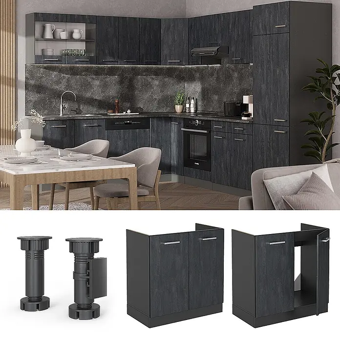 Vicco Schrankküche R-Line Schwarz Beton AP Eiche - Schwarz Beton, Spülenunterschrank 80 cm - Dunkelgraue, strukturierte Eckküche mit Geräten, plus separate Ansichten von verstellbaren Füßen und Unterschränken.