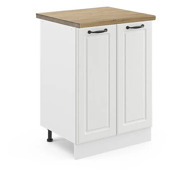 Vicco Schrankküche R-Line Weiß Landhaus, AP Eiche - Weiß Landhaus, Unterschrank 60 cm - Weißer Küchenunterschrank mit zwei Türen, schwarzen Griffen und heller Arbeitsplatte in Holzoptik. Mit weißer Sockelblende und verstellbaren Füßen.