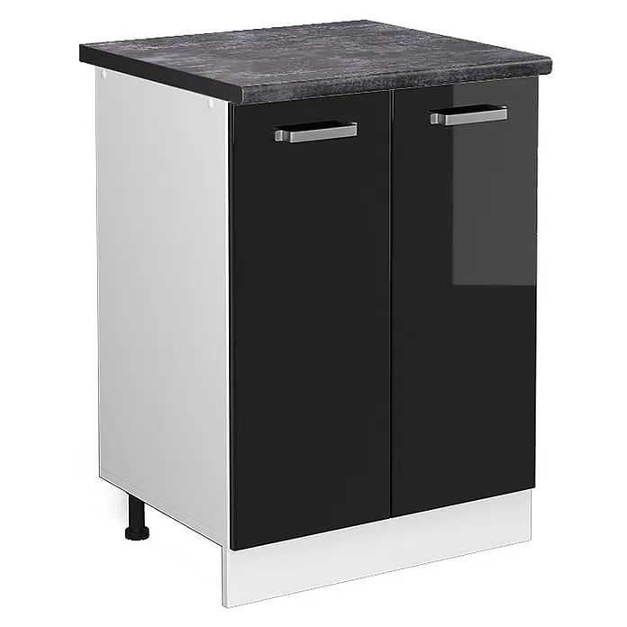 Vicco Küchenunterschrank R-Line, Schwarz Hochglanz, 60 cm -  - Kompakter Unterschrank mit dunkelgrauer Arbeitsplatte, glänzend schwarzen Türen, weißen Seiten und silbernen Griffen.