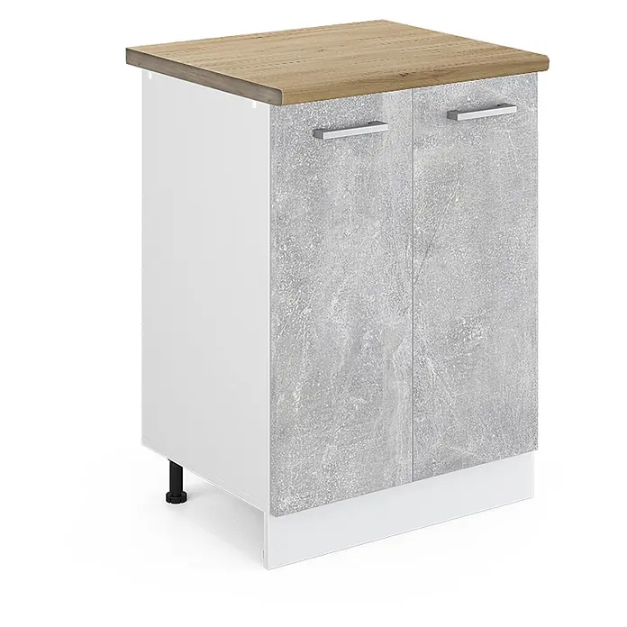 Vicco Schrankküche R-Line Beton, AP Eiche - Beton, Unterschrank 60 cm, AP Eiche - Unterschrank mit heller Holzplatte, weißen Seiten und grauen Betonoptik-Türen mit Metallgriffen.