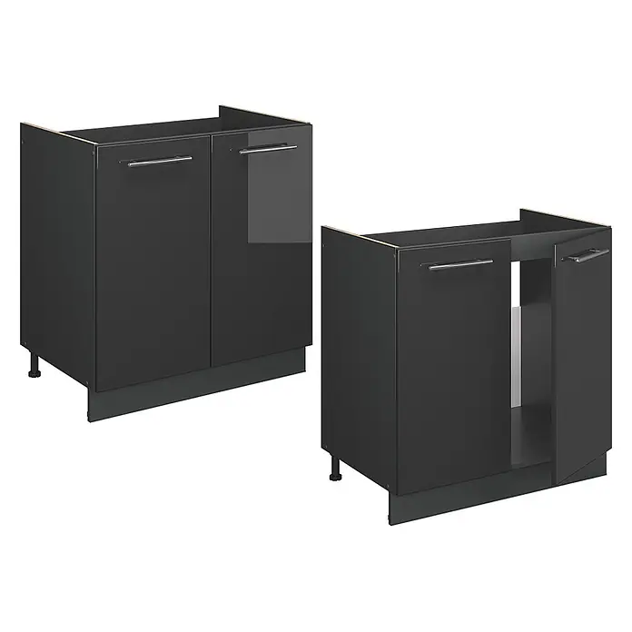 Vicco Spülenunterschrank Fame-Line, Anthrazit Hochglanz, 80 cm -  - Dunkelgrauer zweitüriger Spülenunterschrank mit Chromgriffen, geschlossen und mit einer offenen Tür dargestellt.