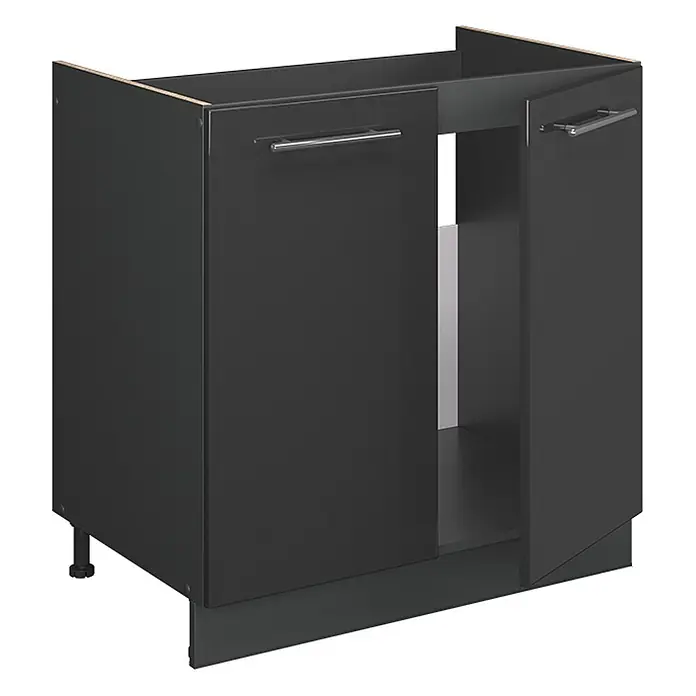 Vicco Spülenunterschrank Fame-Line, Anthrazit Hochglanz, 80 cm -  - Matter dunkelgrauer Küchenunterschrank mit zwei Türen und silbernen Griffen, eine Tür offen, verstellbare Füße sichtbar.