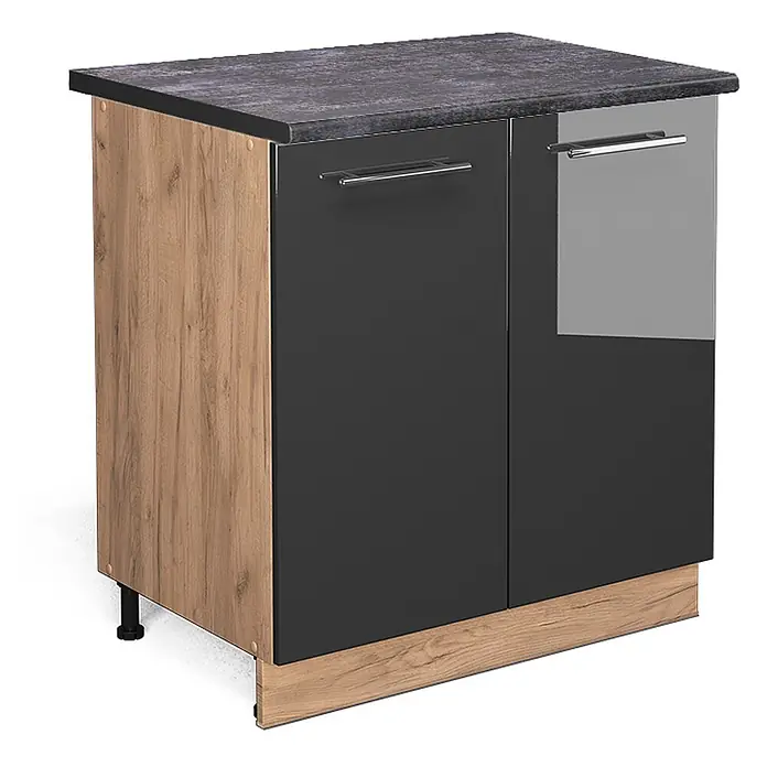 Vicco Schrankküche Fame-Line Anthrazit Hochglanz mit Regal, AP Anthrazit - Anthrazit Hochglanz, Unterschrank 80 cm, AP Anthrazit - Zweitüriger Küchenunterschrank mit dunkelgrauen Hochglanzfronten, hellen Holzseiten und dunkler Arbeitsplatte.