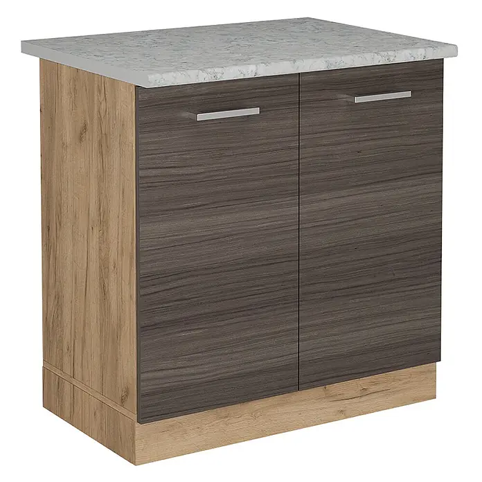 Vicco Schrankküche R-Line Edelgrau AP Marmor - Edelgrau, Spülenunterschrank 80 cm, AP Marmor - Zweitüriger Unterschrank mit dunklen Holztüren, hellen Holzseiten/Sockel, weißer Marmorplatte und silbernen Griffen.