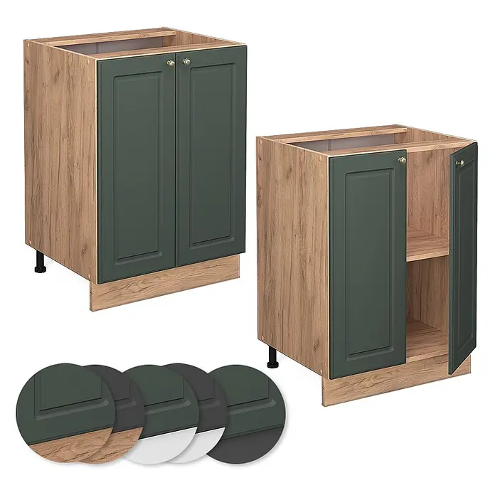 Vicco Schrankküche Fame-Line Grün-Gold Landhaus, AP Marmor - Grün-Gold Landhaus, Unterschrank 60 cm, AP Marmor - Zwei Küchenunterschränke mit Holzoptikrahmen und dunkelgrünen Kassettentüren; einer geschlossen, einer offen mit Regal. Farbmuster unten.
