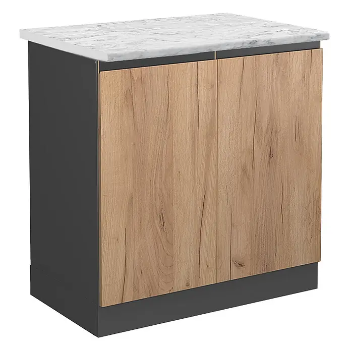 Vicco Schrankküche R-Line Goldkraft Eiche J-Shape AP Marmor - Goldkraft Eiche, Spülenunterschrank 80 cm grifflos, AP Marmor - Niedriger Schrank mit weißer Marmorplatte, dunkelgrauem Korpus und zwei hellen Holzoptik-Türen mit Griffmulden.