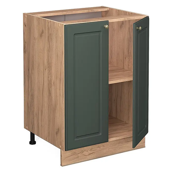 Vicco Schrankküche Fame-Line Grün-Gold Landhaus, AP Marmor - Grün-Gold Landhaus, Unterschrank 60 cm, AP Marmor - Zweitüriger Küchenunterschrank mit hellem Holzdekor-Korpus und dunkelgrünen Kassettenfronten, eine Tür leicht geöffnet, mit Regal.