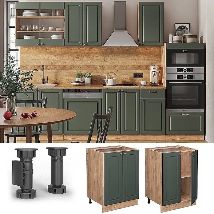 Vicco Schrankküche Fame-Line Grün-Gold Landhaus, AP Marmor - Grün-Gold Landhaus, Unterschrank 60 cm, AP Marmor - Küche mit dunkelgrünen Modulschränken, Holz-Arbeitsplatten und verstellbaren Stützfüßen.