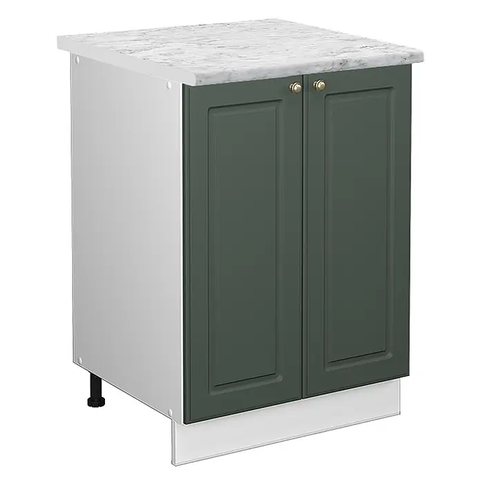 Vicco Schrankküche Fame-Line Grün-Gold Landhaus, AP Marmor - Grün-Gold Landhaus, Unterschrank 60 cm, AP Marmor - Dunkelgrüner zweitüriger Küchenunterschrank mit weißer Marmoroptik-Arbeitsplatte, weißer Seitenwand und Messingknöpfen.