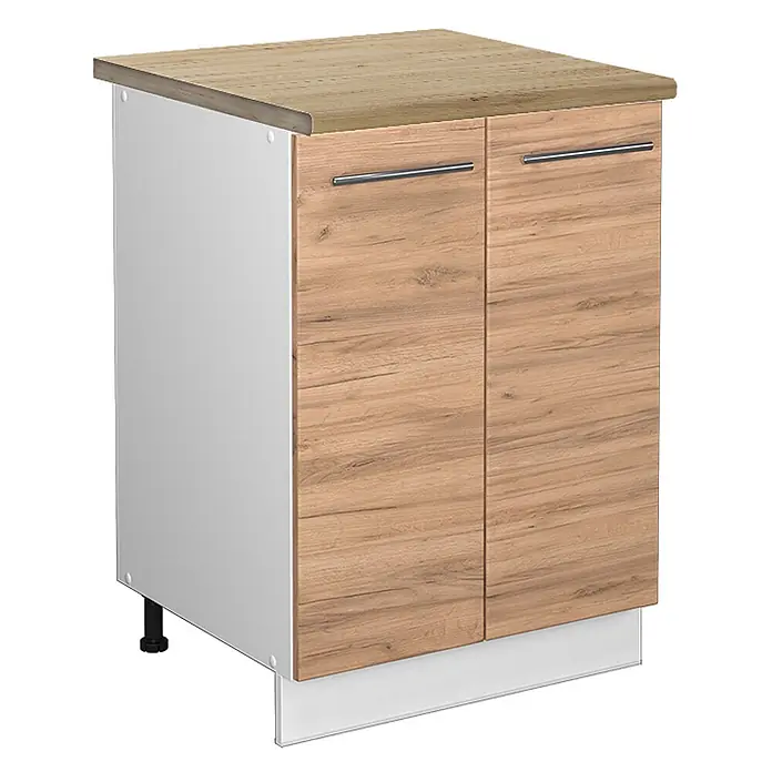 Vicco Schrankküche Fame-Line Goldkraft Eiche, AP Eiche - Goldkraft Eiche, Unterschrank 60 cm, AP Eiche - Küchenunterschrank mit heller Holzoptik-Arbeitsplatte und Türen, weißen Seiten, silbernen Griffen und weißer Sockelblende.