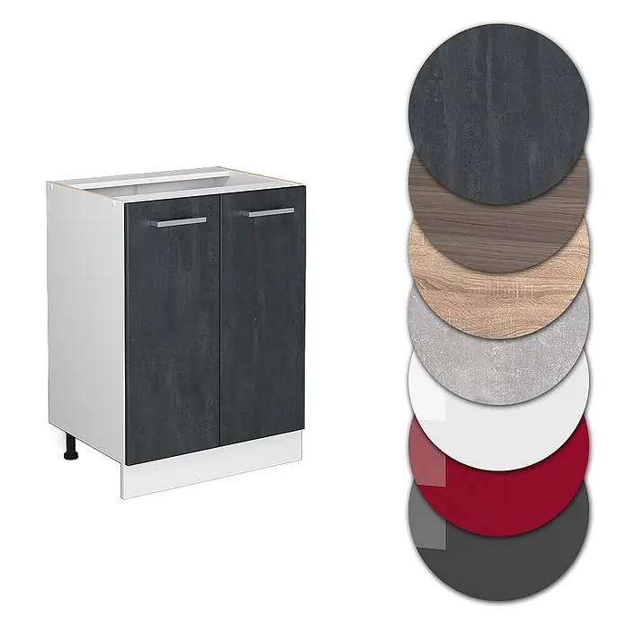 Vicco Küchenunterschrank R-Line, Schwarz Beton, 60 cm -  - Küchenunterschrank mit dunkelgrauen strukturierten Türen und Material-/Farbmustern zur Individualisierung.
