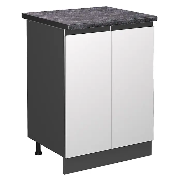 Vicco Schrankküche R-Line Weiß J-Shape, AP Anthrazit - Weiß, Unterschrank 60 cm grifflos AP Anthrazit - Dunkelgrauer Küchenunterschrank mit weißen Türen und einer dunklen Arbeitsplatte, mit verstellbaren Füßen und Sockel.