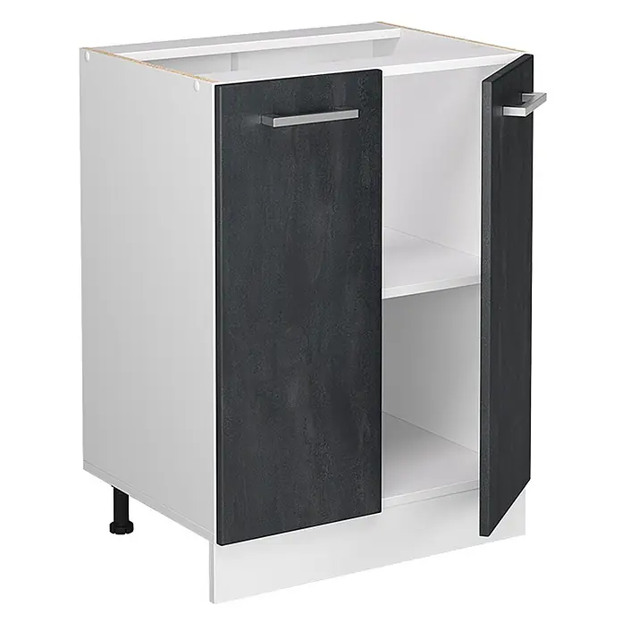 Vicco Küchenunterschrank R-Line, Schwarz Beton, 60 cm -  - Weißer Küchenunterschrank mit zwei anthrazitfarbenen Türen, silbernen Griffen und einem Einlegeboden. Schwarze Stellfüße sichtbar.