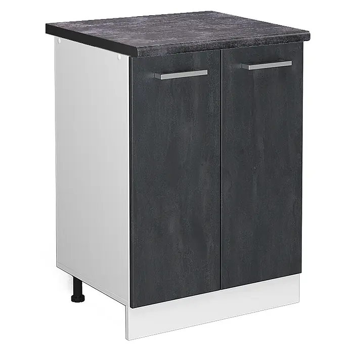 Vicco Küchenunterschrank R-Line, Schwarz Beton, 60 cm -  - Zweitüriger Unterschrank mit dunkelgrauer, strukturierter Arbeitsplatte, weißen Seiten und dunkelgrauen Türen mit silbernen Griffen.