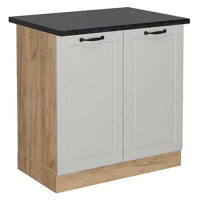 Vicco Schrankküche R-Line Weiß Landhaus, AP Anthrazit - Weiß Landhaus, Spülenunterschrank 80 cm - Zweitüriger Unterschrank mit schwarzer Arbeitsplatte, hellen Holzseiten/-sockel und hellgrauen Kassettentüren mit schwarzen Griffen.