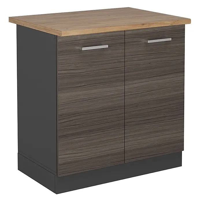 Vicco Schrankküche R-Line Edelgrau, AP Eiche - Edelgrau, Spülenunterschrank 80 cm - Kleiner Schrank mit heller Holzoptik-Platte, zwei dunklen Holztüren mit silbernen Griffen und einem dunkelgrauen Sockel.