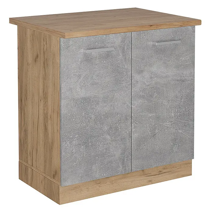 Vicco Schrankküche R-Line Beton, AP Eiche - Beton, Spülenunterschrank 80 cm, AP Eiche - Zweitüriger Aufbewahrungsschrank mit heller Holzoptik-Rahmen/Platte und grauen Betonoptik-Türen mit silbernen Griffen.