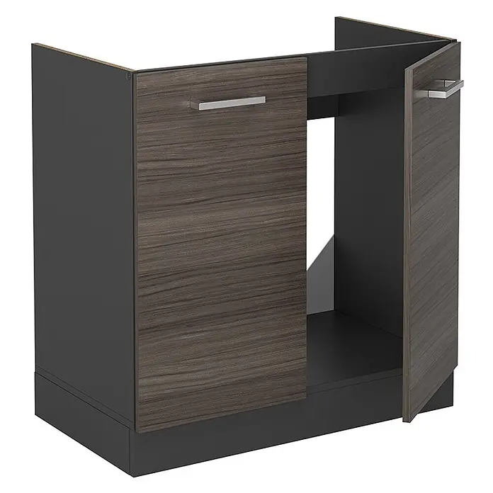Vicco Schrankküche R-Line Edelgrau, AP Eiche - Edelgrau, Spülenunterschrank 80 cm - Dunkelgrauer Küchenunterschrank mit dunkelbraunen Holzmaserungstüren und silbernen Griffen. Eine Tür ist offen.
