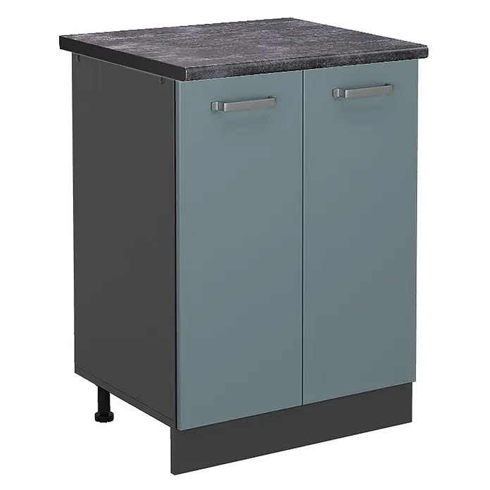 Vicco Schrankküche R-Line Blau-Grau, AP Anthrazit - Blau-Grau, Unterschrank 60 cm, AP Anthrazit - Zweitüriger Küchenunterschrank mit blau-grauen Fronten, dunkelgrauen Seiten, strukturierter dunkelgrauer Arbeitsplatte und Metallgriffen.