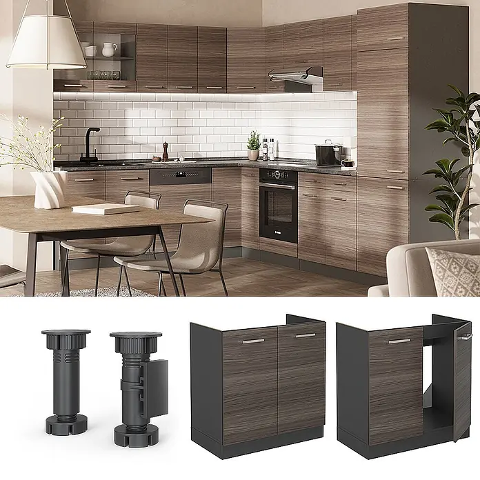 Vicco Schrankküche R-Line Edelgrau AP Marmor - Edelgrau, Spülenunterschrank 80 cm, AP Marmor - Moderne Küche mit dunklen Holzmaserungsschränken und integrierten Geräten, Eckeinbau und Essbereich zeigend.