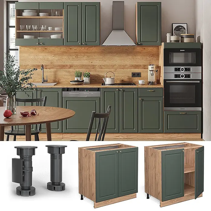 Vicco Schrankküche Fame-Line Grün-Gold Landhaus mit Regal, AP Eiche - Grün-Gold Landhaus, Unterschrank 80 cm, AP Eiche - Dunkelgrüne Küchenschränke mit Holzoptik-Korpus und verstellbaren Füßen, in moderner Küche dargestellt.