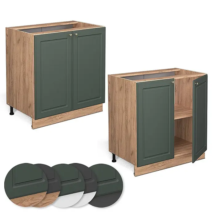 Vicco Schrankküche Fame-Line Grün-Gold Landhaus mit Regal, AP Eiche - Grün-Gold Landhaus, Unterschrank 80 cm, AP Eiche - Zwei Unterschränke in Holzoptik mit dunkelgrünen Türen, einer geschlossen, einer offen mit Regal.