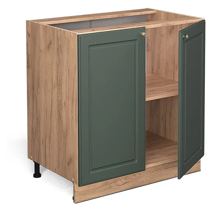 Vicco Schrankküche Fame-Line Grün-Gold Landhaus mit Regal, AP Eiche - Grün-Gold Landhaus, Unterschrank 80 cm, AP Eiche - Küchenunterschrank in Holzoptik mit dunkelgrünen Shaker-Türen und Innenablagen.