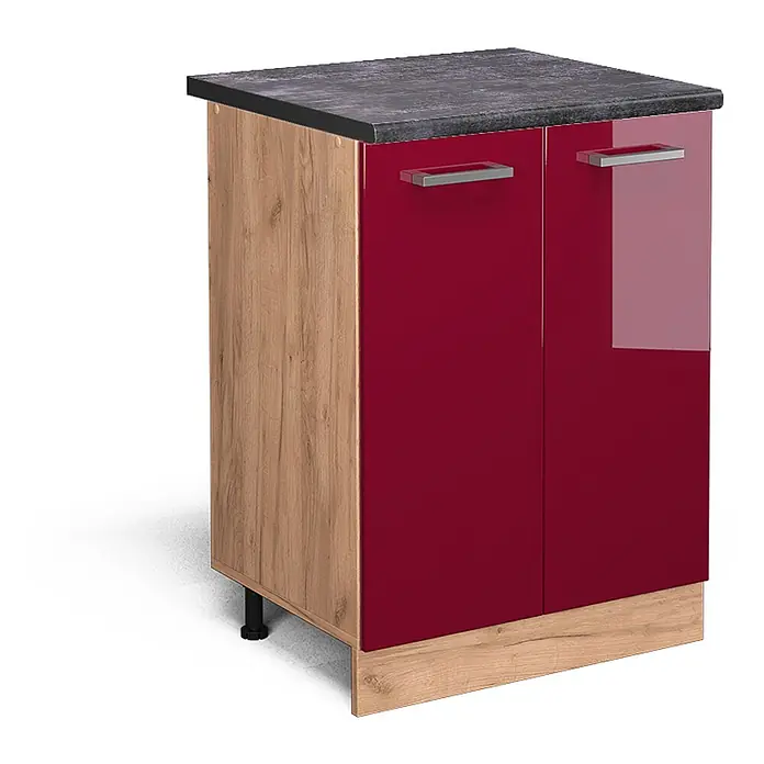 Vicco Schrankküche R-Line Rot Hochglanz, AP Anthrazit - Rot Hochglanz, Unterschrank 60 cm, AP Anthrazit - Kompakter Küchenunterschrank mit dunkelgrauer Arbeitsplatte, glänzend roten Türen mit Silbergriffen und Seiten/Sockel in Holzoptik.