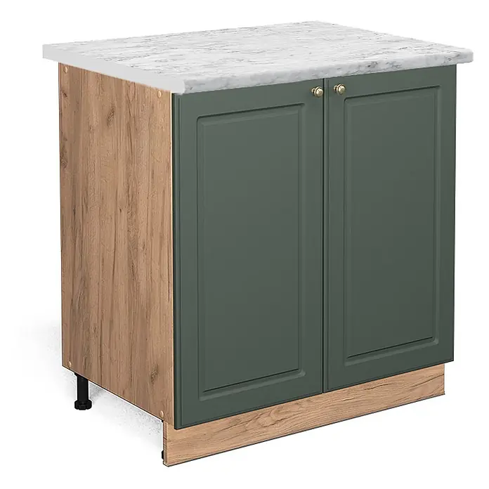 Vicco Schrankküche Fame-Line Grün-Gold Landhaus mit Regal, AP Marmor - Grün-Gold Landhaus, Unterschrank 80 cm, AP Marmor - Dunkelgrüner Küchenunterschrank mit Holzoptik-Seiten, weißer Marmorplatte und goldenen Griffen.