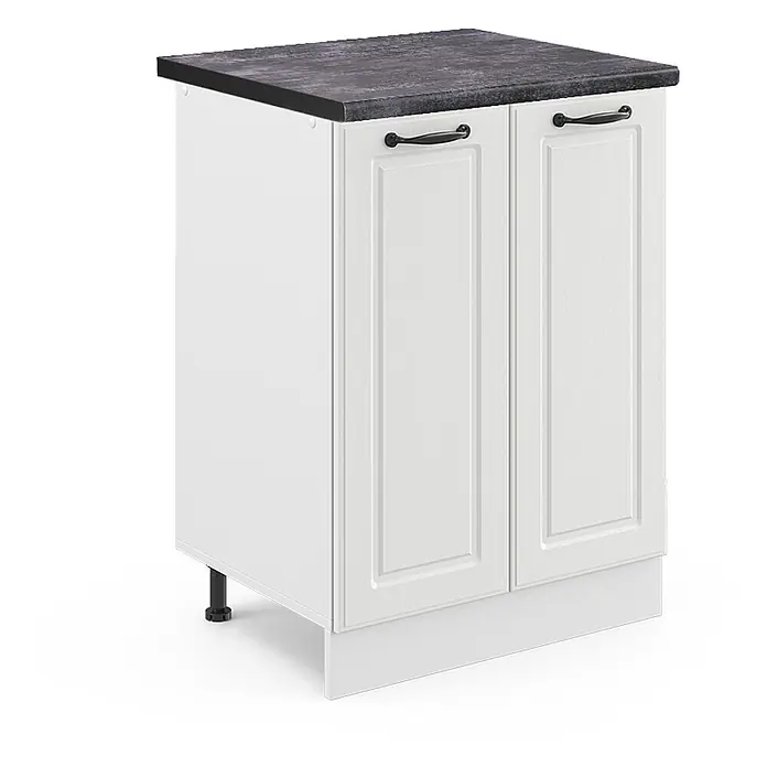 Vicco Schrankküche R-Line Weiß Landhaus, AP Anthrazit - Weiß Landhaus, Unterschrank 60 cm - Weißer Küchenunterschrank mit zwei Kassettentüren, schwarzen Griffen und einer dunklen, strukturierten Arbeitsplatte.