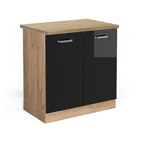 Vicco  Schrankküche R-Line Schwarz Hochglanz, AP Eiche