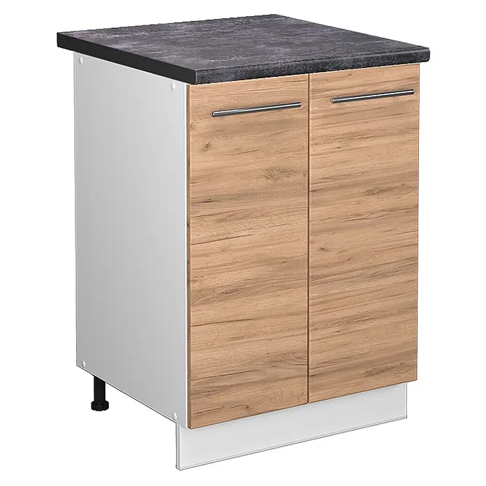 Vicco Schrankküche Fame-Line Goldkraft Eiche, AP Anthrazit - Goldkraft Eiche, Unterschrank 60 cm, AP Anthrazit - Moderner Küchenunterschrank mit dunkler Arbeitsplatte, weißen Seiten und zwei hellen Holzmaserungstüren mit Metallgriffen.