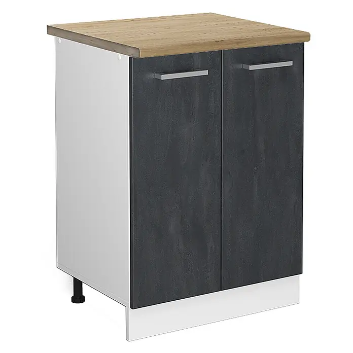 Vicco Küchenunterschrank R-Line, Schwarz Beton, 60 cm -  - Dunkelgrauer Küchenunterschrank mit Holzplatte, weißen Seiten und Metallgriffen.