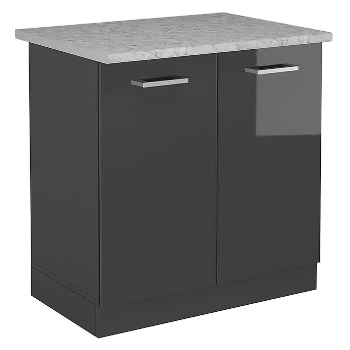 Vicco Schrankküche R-Line Anthrazit Hochglanz AP Marmor - Breite: 80 cm, Anthrazit Hochglanz, Spülenunterschrank 80 cm - Dunkelgrauer Hochglanzschrank mit zwei Türen, Chromgriffen und einer marmorierten Arbeitsplatte.