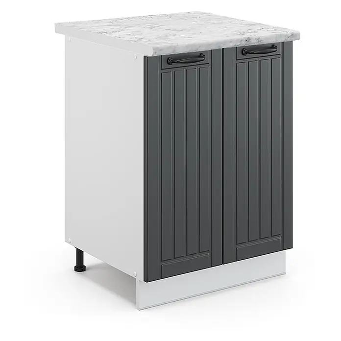 Vicco Schrankküche Fame-Line Anthrazit Landhaus, AP Marmor - Anthrazit Landhaus, Unterschrank 60 cm, AP Marmor - Weißer Küchenunterschrank mit Marmor-Arbeitsplatte, dunkelgrauen Rillen-Türen und schwarzen Griffen.
