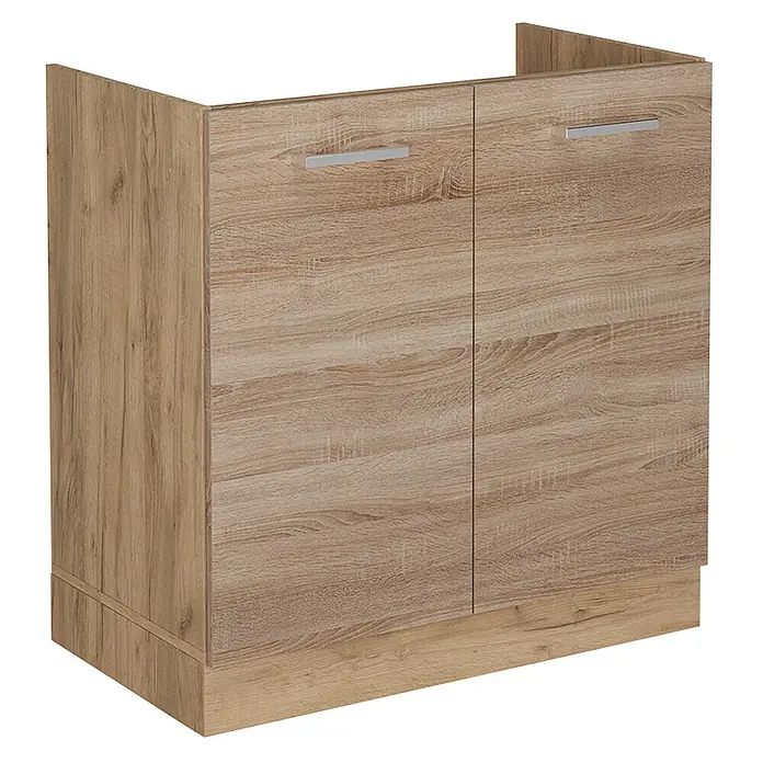 Vicco Schrankküche R-Line Sonoma ohne Arbeitsplatte - Sonoma, Spülenunterschrank 80 cm - Unterschrank in heller Holzoptik für Spüle mit zwei Türen und silberfarbenen Griffen.
