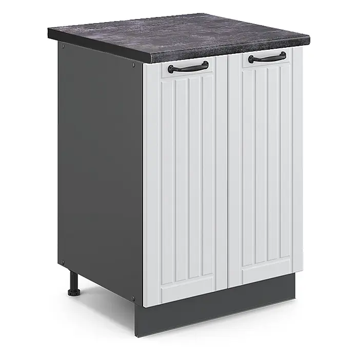 Vicco Schrankküche Fame-Line Weiß Landhaus, AP Anthrazit - Weiß Landhaus, Unterschrank 60 cm - Weißer Unterschrank mit dunkelgrauer Arbeitsplatte, Seiten und Sockel, zwei weißen Kassettentüren mit schwarzen Griffen.