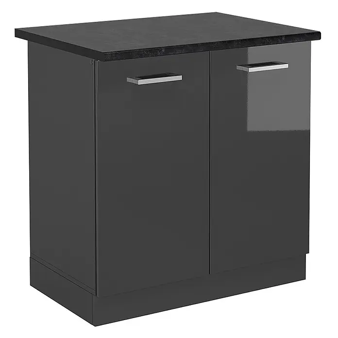 Vicco Schrankküche R-Line Anthrazit Hochglanz, AP Anthrazit - Anthrazit Hochglanz, Spülenunterschrank 80 cm - Dunkelgrauer Hochglanz-Unterschrank mit zwei Türen, schwarzer Arbeitsplatte und silbernen Griffen.