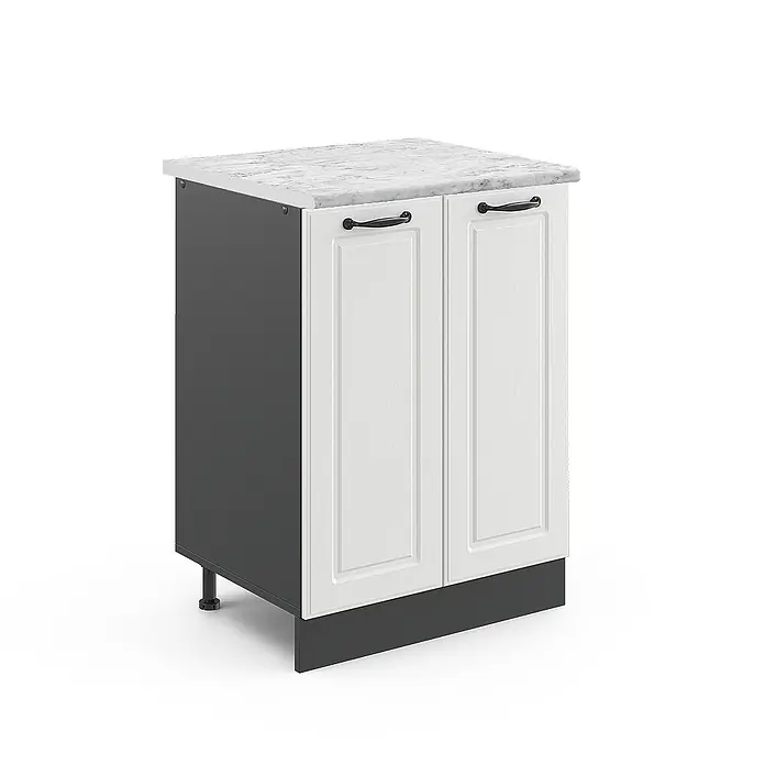 Vicco Schrankküche R-Line Weiß Landhaus, AP Marmor - Weiß Landhaus, Unterschrank 60 cm - Weißer Küchenunterschrank mit zwei Kassettentüren, dunkelgrauem Korpus, schwarzen Griffen und weißer Marmor-Arbeitsplatte.