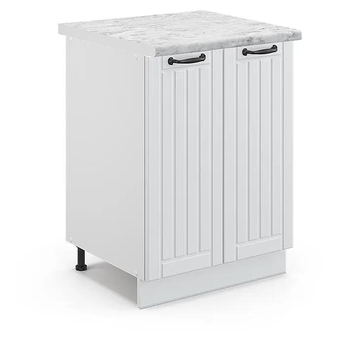 Vicco Schrankküche Fame-Line Weiß Landhaus, AP Marmor - Weiß Landhaus, Unterschrank 60 cm - Weißer Küchenunterschrank mit zwei geriffelten Türen, schwarzen Griffen und einer Marmor-Arbeitsplatte.